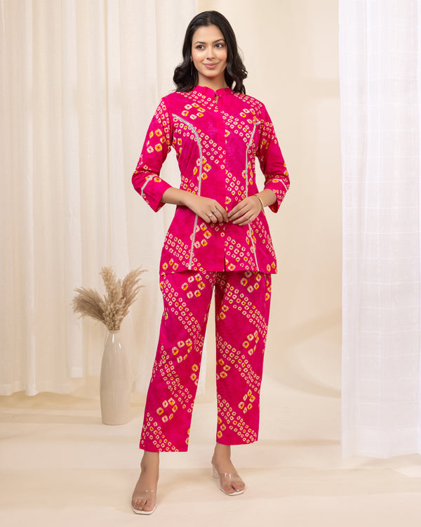 Gulabi Bandhej cotton co-ord set for women in pink with traditional print and lace detailing – PynkPosh
