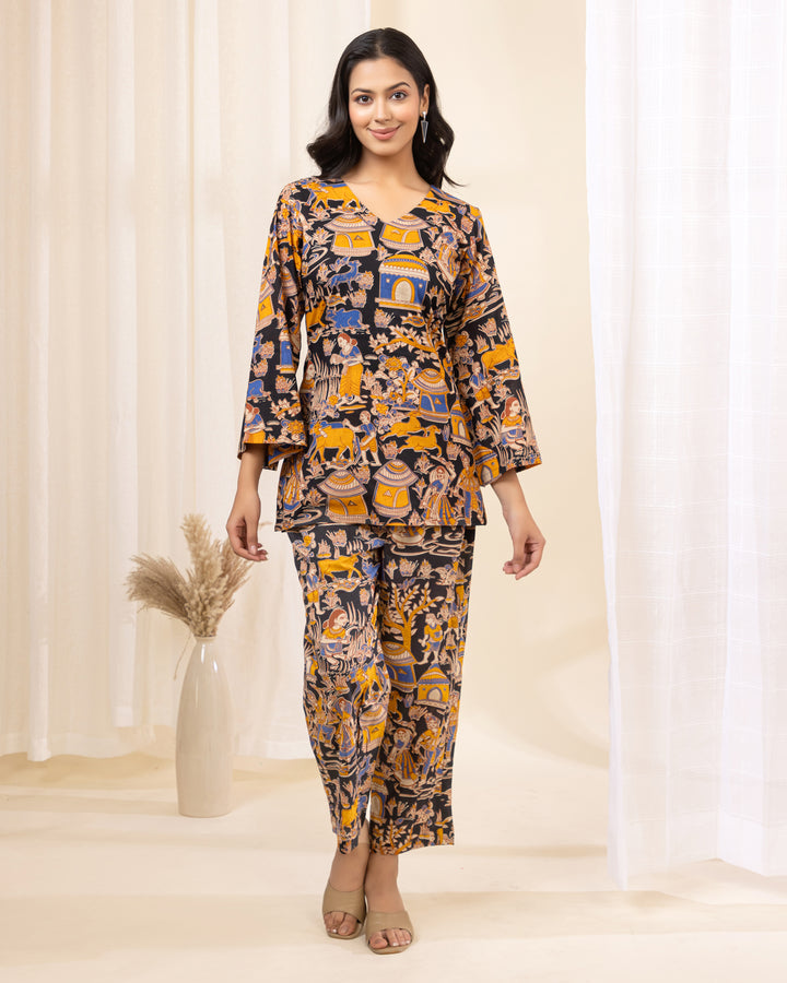 Mira Bloom Cotton Co-ord Set in black cotton with multicolour village-inspired print, V-neckline, and two pockets – PynkPosh