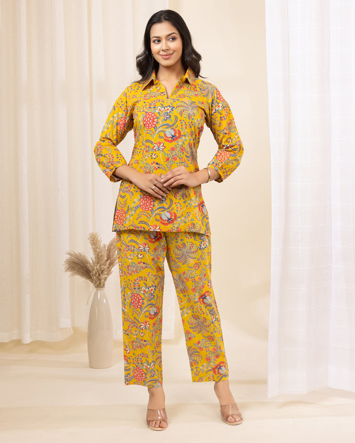 Zyra Petal Cotton Co-ord Set in Yellow Floral Print – Collared Cotton Co-ord for Women
