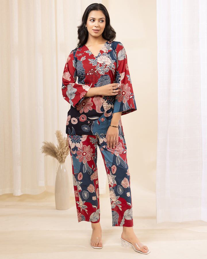 Inaya Floral Cotton Co-ord Set with maroon and navy oversized floral prints, V-neck collar, and pocket