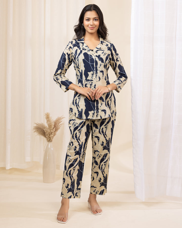 Gulnaaz Abstract Cotton Co-ord Set featuring vibrant abstract print and stylish collar neck