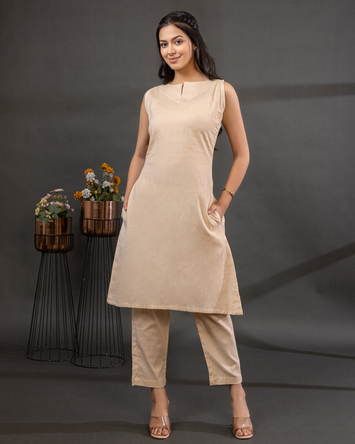 Beige linen co-ord set with lace detailing, two pockets, and 1-inch extra margin – Meher by PynkPosh.