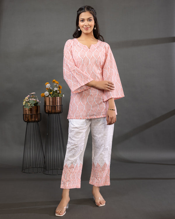 Levana Schiffli Cotton Co-ord Set with peach print, boat neck, and bell sleeves
