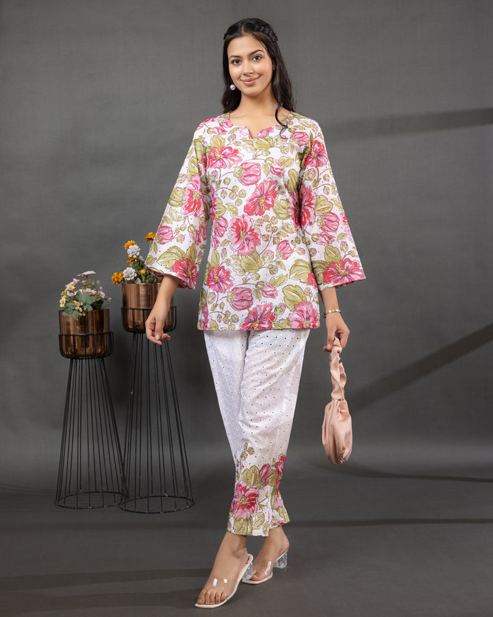 Zarina Schiffli Cotton Co-ord Set with green and red floral print, boat neck, and bell sleeves