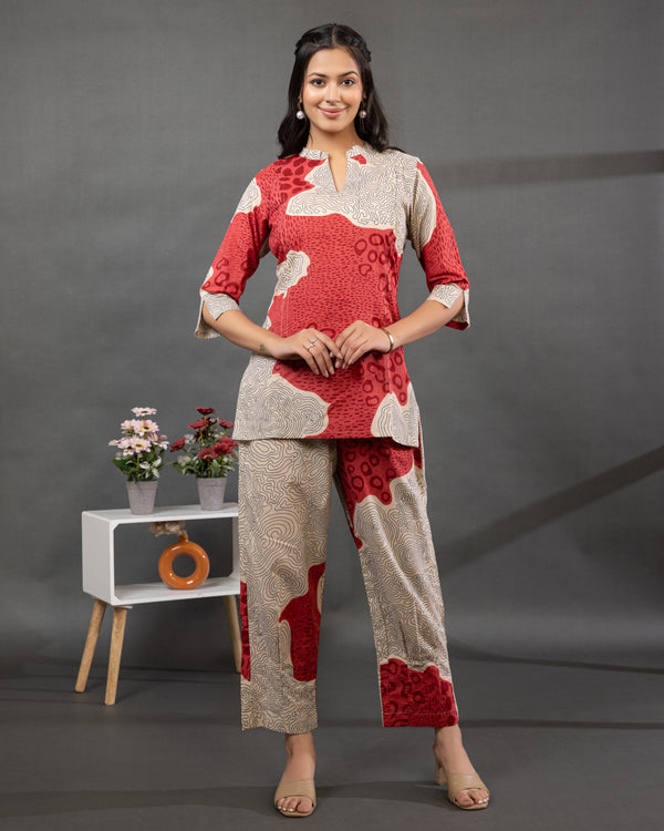Ruhani Abstract Cotton Co-ord Set with cream, and red abstract print and ban neck