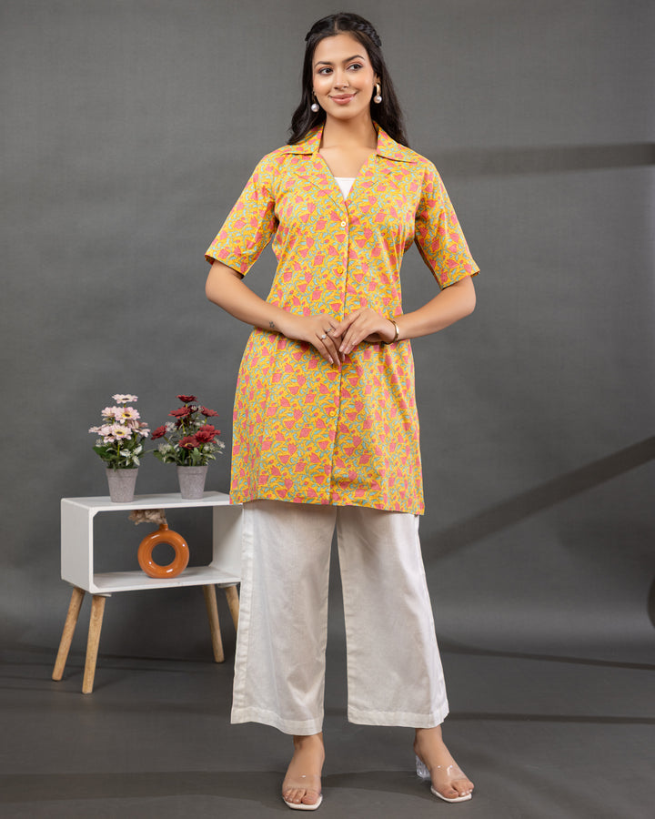 Gulbahar Cotton Shirt Kurti in yellow with pink floral prints and collared button-down design
