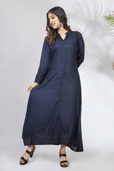 Dark Blue Soft Cotton Embroidered Dress