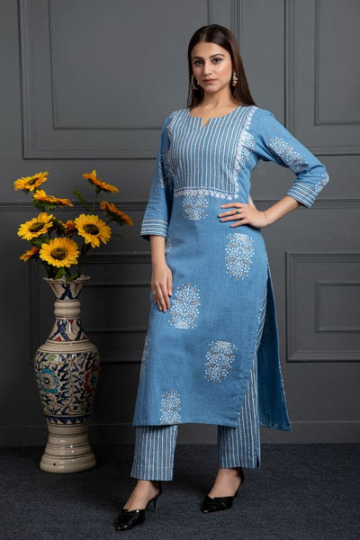 Moon Stone Blue Embroidered Kurta With Pants (Set of 2)