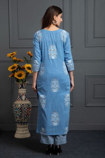 Moon Stone Blue Embroidered Kurta With Pants (Set of 2)