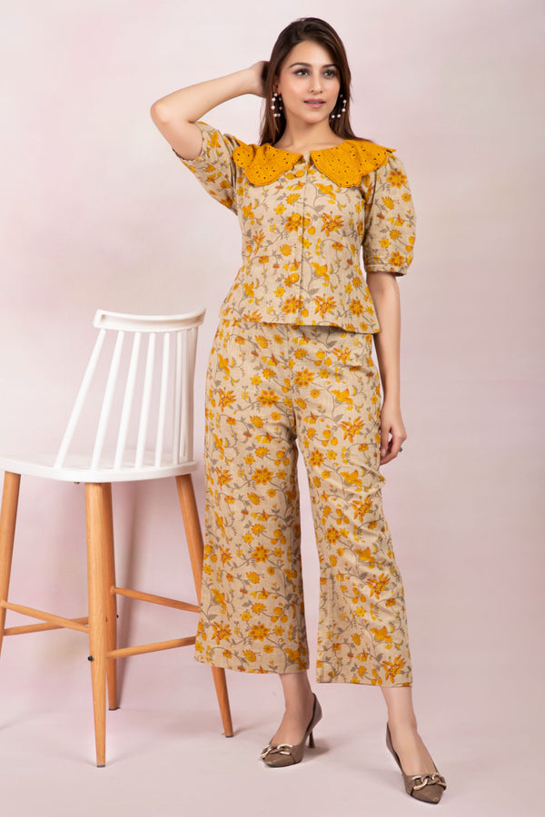 Yellow Floral Cotton Slub co-ord set